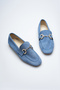 Blue Women's Suede Shoes Loafer with Gold Stone Buckle Casual Stylish Flats - 4