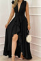 Women's Double-Breasted Collar Strap Long Crepe Dress with Volan Detail on the Front - 3