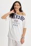 Women's Oversize Wide Cut 100% Cotton Boat Neck Short Sleeve Printed White T-Shirt Blouse