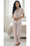 Women's Pink White Striped Short Sleeve Long Pants Buttoned Shirt Collar Pajama Set