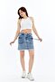 Women's Denim High Waist Mini Skirt with Fringes and Back Pockets, Zipper Detail on the Front - 3