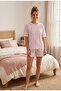 Pink White Striped Short Sleeve Shorts Crew Neck Women's Pajama Set - 2