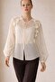 Satin Textured Blouse with Cream Tie Detail and Shoulder Ruffles - 3