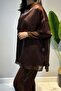 Transparent and Stone Detail Blouse and Trousers Set 8614 Brown - 5