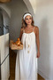 Women's White Halter Neck Seersucker Maxi Lace-Up Long Summer Dress Beaded Loose Fit - 3