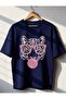 Tiger Printed Short Sleeve Crew Neck Navy Blue Women's Tshirt