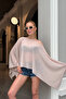 Women's Beige Stone Detailed Transparent Madonna Collar Asymmetric Poncho Blouse - 2