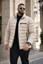Men's Casual Pocketed Basic Lined Cream Puffer Coat - 3