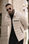 Men's Casual Pocketed Basic Lined Cream Puffer Coat - 2