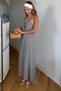 Women's Gray Halter Neck Seersucker Maxi Lace-Up Long Slim Summer Dress Beaded Loose - 4
