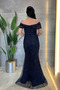 Full Beaded Fabric Boat Neck Evening Dress - Dark Blue - 5