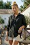 Black Shirt with Collar, Cuffed Sleeves, Buttoned Double Pockets, Embroidered Casual Cotton Woven Shirt 67 55