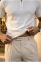 Jeff Selanik Knitted Polo Collar Half Zipper Thin Knitwear Men's T-Shirt - Ecru - 4