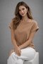 Women's Milk Coffee Cotton Curled Sleeve Detailed Crew Neck T-Shirt - 4