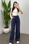 Women's Navy Blue Tensel Relaxed Pants with Elastic Waist and Draped Pleated Detail - 6