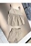 Girl's 100% Cotton Gingham Peplum Strap Top and Shorts Set - Beige Gingham Summer Set - 3