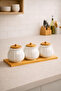 3-Piece Bamboo Stand Porcelain Vacuum Lid Tea, Sugar, Salt, Coffee and Spice Storage Jar Set - 4