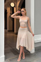 Women's Beige Halter Neck Crop Blouse Lined Skirt Two-Piece Set - 6