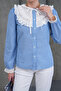 Striped Cotton Shirt with Lace Collar and Buttons on the Cuffs