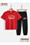 Boston Text Printed Top-Bottom Tracksuit/T-Shirt Two-Piece Children's Set (Pocketed Tracksuit Pants)