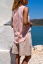 Women's Powder Half Buttoned, Zero Sleeve, Long Back Slim Fit Linen Shirt Blouse Ss22-7158200 - 2