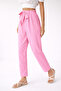 Women's Pink Linen Belted Carrot Pants - 2