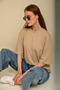 Women's Oversize Beige Crew Neck Thick Textured Summer 100% Cotton Basic T-Shirt - 5