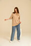 Women's Oversize Beige Crew Neck Thick Textured Summer 100% Cotton Basic T-Shirt - 6
