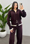 Women's Ecru Stripe Detailed Double Zipper Plum Knitwear Set - 5