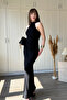 Halter Neck Drape Detailed Slit Maxi Black Dress - 8