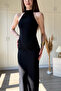 Halter Neck Drape Detailed Slit Maxi Black Dress - 7