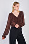 Women's V-Neck Ruffled Front Chiffon Blouse - Bitter Brown - 4