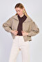 Women's Polo Collar Zipper Jacket - Khaki - 3