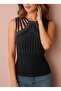 Women's Shoulder Strap Stripe Detailed Stoned Viscose Blouse - 4