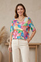 Women's Plus Size Lycra V-Neck Floral Patterned Elastic Short Sleeve Mom T-Shirt Combed Cotton Blouse
