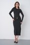 Women's Black Long Sleeve Slit Midi Dress Stylish Evening Dress with Waist Detail and Accessories 77163 - 7