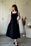 Square Neck Flared Midi Black Dress with Scarf Detail on the Back - 7