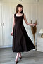 Square Neck Flared Midi Brown Dress with Scarf Detail on the Back - 3