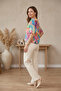 Women's Plus Size Lycra V-Neck Floral Patterned Elastic Short Sleeve Mom T-Shirt Combed Cotton Blouse - 3