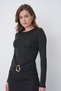 Women's Black Long Sleeve Slit Midi Dress Stylish Evening Dress with Waist Detail and Accessories 77163 - 6