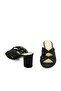 Genuine Leather Stone Detailed Mesh Heeled Slippers 752 Black Mesh Black Leather - 5