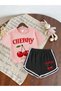 Girl's Cherry Printed Pink T-Shirt-Black Piping Shorts Set - 2