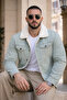 Men's Trendy Winter Slim Fit Green Fur Lined Denim Jacket - 4