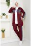 Women's 3 Piece Tracksuit Set Two Thread Cotton Denim Detailed Shiny N-05442 _ Burgundy - 2