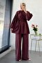 Oversize Birit Buttoned Linen Trousers Set - Claret Red - 2