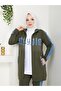 Women's 3 Piece Tracksuit Set Two Thread Cotton Denim Detailed Shiny N-05442 _ Khaki - 2