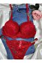 Women's Red Chain-Detachted Lace Padded Supported Push up Bra Set - 6