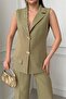 Women's Green Stone Embroidered Gold Button Detailed Sleeveless Blazer Jacket Pants Setnbstr1030 - 3