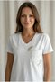 Women's White V-Neck Short Sleeve Cotton Scallop Pocket Glitter Leaf Embroidery Bohemian T-Shirt - 3