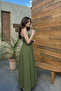 Khaki - Unlined Cotton Long Summer Women's Dress – Shoulder Tie Strap Gathered - 2